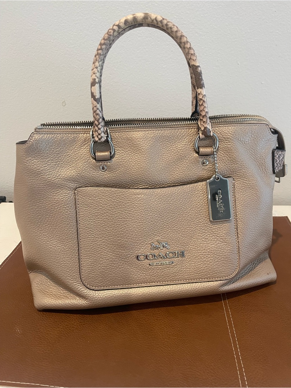 Coach Pebble Leather Satchel in Taupe with Snake-Print Handles